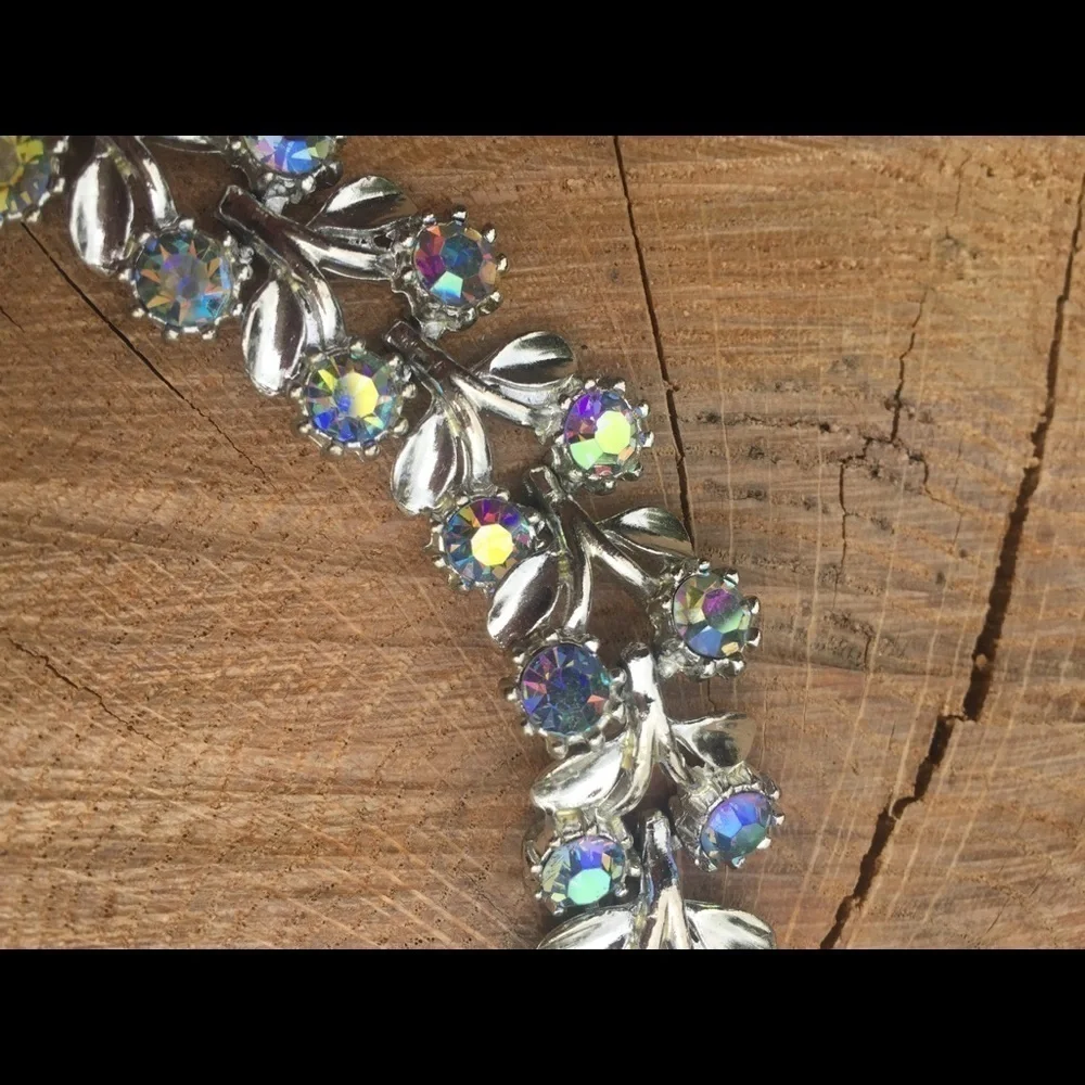 Silver Flower Bracelet Iridescent Stones
